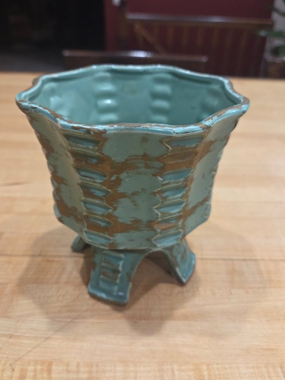 Vintage Japan Footed Ceramic Planter Celadon Green Gold Hand Decorated Scalloped